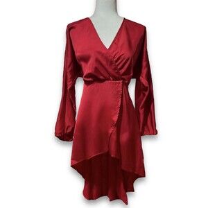 New York & Co. 7th Avenue Design Studio Red Satin Hi-low Hem Dress Women’s Large